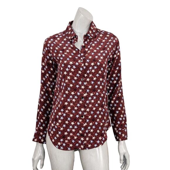 Sandro Paris 100% Silk Button up Blouse Burgundy with stars print Women's S - Picture 1 of 9